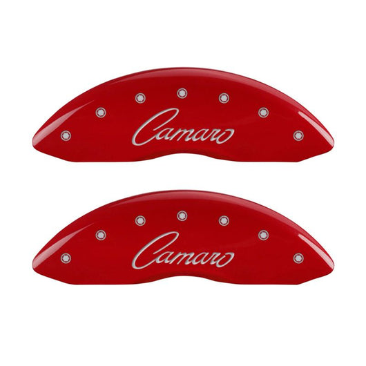MGP 4 Caliper Covers Engraved Front & Rear Cursive/Camaro Red finish silver ch - 14033SCCSRD