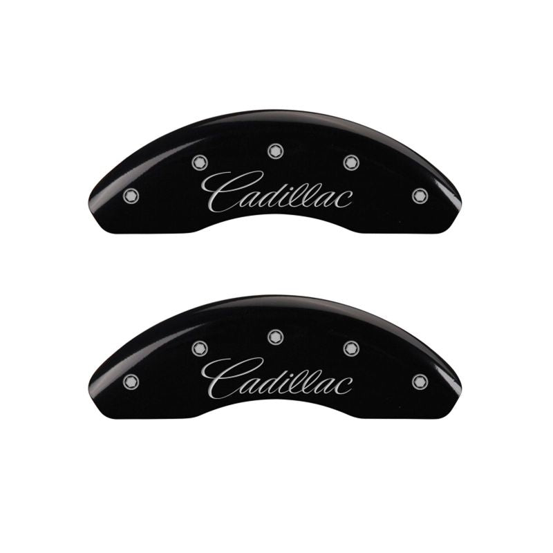 MGP 4 Caliper Covers Engraved Front & Rear Cursive/Cadillac Black finish silver ch - 35021SCADBK