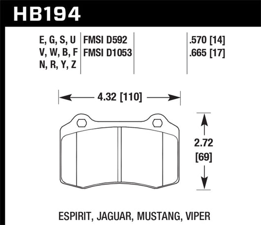 Hawk 92-00 Dodge Viper / 00 Mustang Cobra SVT  HPS Street Front Brake Pads - HB194F.665