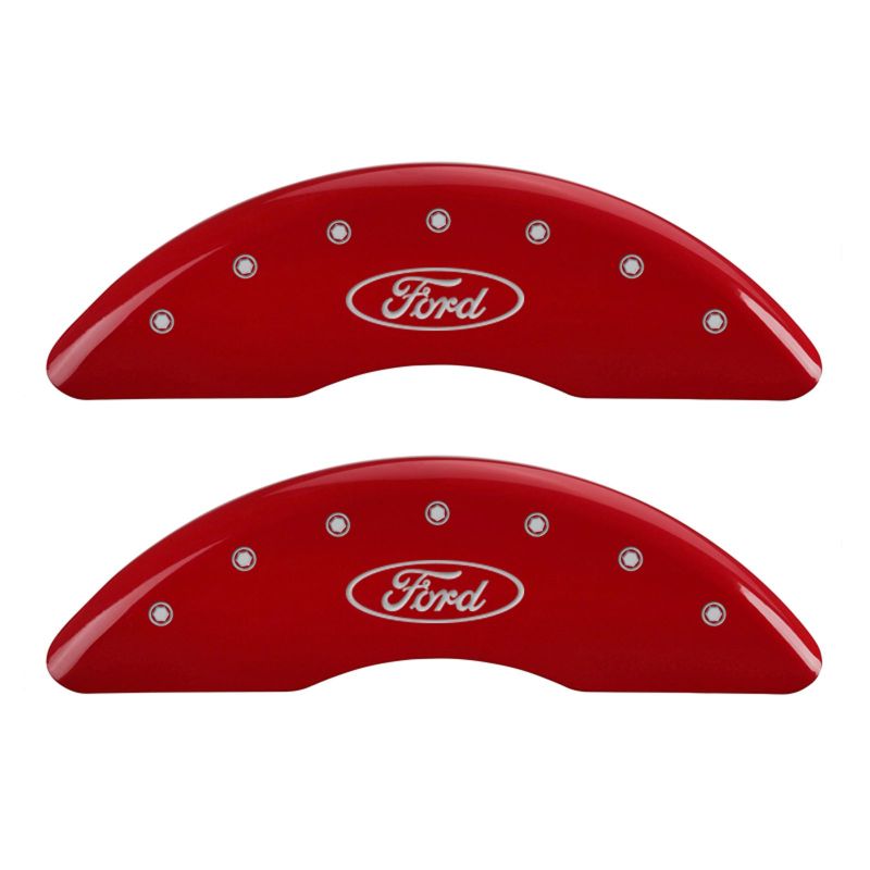 MGP 4 Caliper Covers Engraved Front & Rear Oval logo/Ford Red finish silver ch - 10023SFRDRD