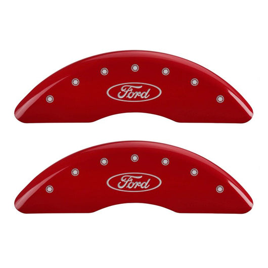MGP 4 Caliper Covers Engraved Front & Rear Oval logo/Ford Red finish silver ch - 10023SFRDRD