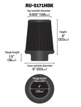 K&N Universal Rubber Filter-Round Tapered 4in Flange ID x 8in Base OD x 6.625in Top OD x 8in H - RU-5171HBK