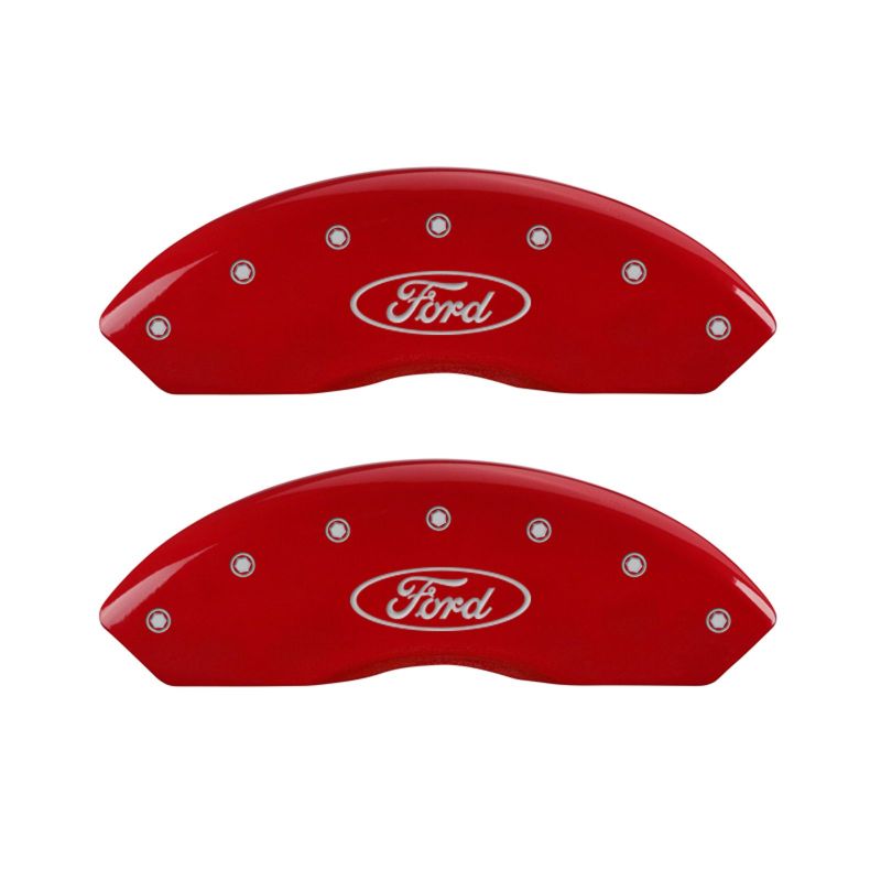 MGP 4 Caliper Covers Engraved Front & Rear Oval logo/Ford Red finish silver ch - 10009SFRDRD