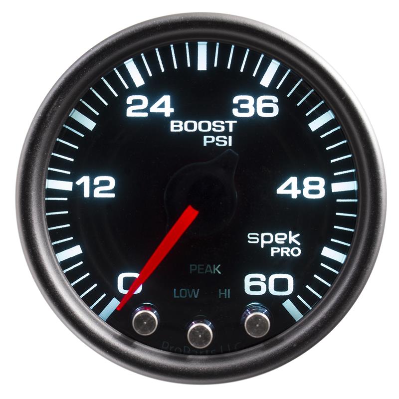 Autometer Spek-Pro Gauge Boost 2 1/16in 60psi Stepper Motor W/Peak & Warn Blk/Smoke/Black - P30452