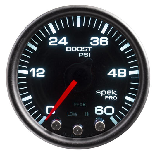 Autometer Spek-Pro Gauge Boost 2 1/16in 60psi Stepper Motor W/Peak & Warn Blk/Smoke/Black - P30452