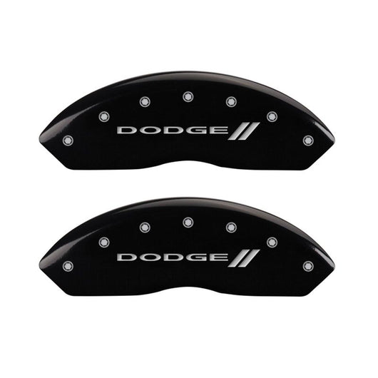 MGP 4 Caliper Covers Engraved Front & Rear With stripes/Dodge Black finish silver ch - 12059SDD3BK