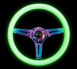 NRG Classic Wood Grain Steering Wheel (350mm) Glow-N-The-Dark Green Grip w/Neochrome 3-Spoke Center - ST-015MC-GL