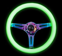 NRG Classic Wood Grain Steering Wheel (350mm) Glow-N-The-Dark Green Grip w/Neochrome 3-Spoke Center - ST-015MC-GL