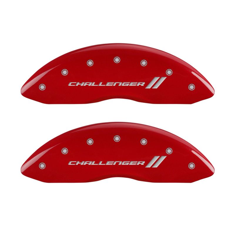 MGP 4 Caliper Covers Engraved Front & Rear With stripes/Challenger Red finish silver ch - 12001SCL1RD