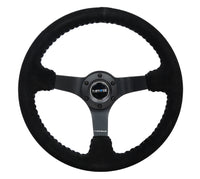 NRG Reinforced Steering Wheel (350mm / 3in. Deep) Blk Suede/Silver BBall Stitch w/5mm Mt. Blk Spokes - RST-036MB-S-SL