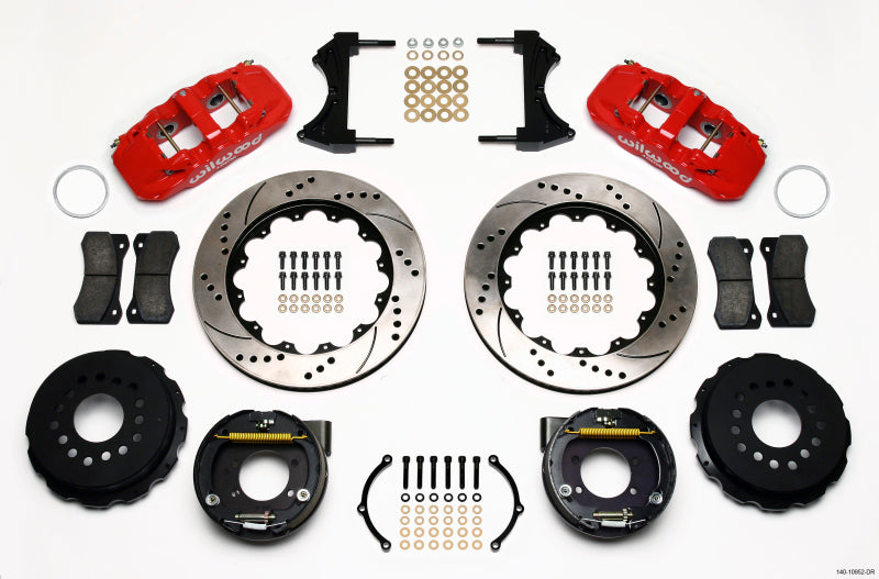 Wilwood AERO4 Rear P-Brake Kit 14.00in Drill Red Ford 8.8 w/2.5in Offset-5 Lug - 140-10952-DR