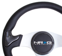 NRG Carbon Fiber Steering Wheel (350mm) Silver Frame Blk Stitching w/Rubber Cover Horn Button - ST-014CFSL