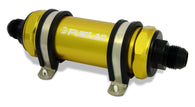 Fuelab 858 In-Line Fuel Filter Long -8AN In/Out 75 Micron Stainless w/Check Valve - Gold - 85821-5