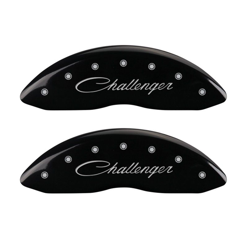 MGP 4 Caliper Covers Engraved Front Cursive/Challenger Engraved Rear RT Black finish silver ch - 12088SCLRBK
