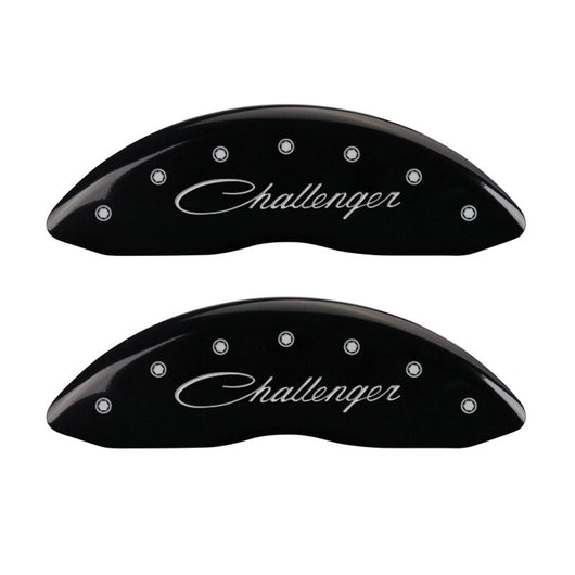MGP 4 Caliper Covers Engraved Front Cursive/Challenger Engraved Rear RT Black finish silver ch - 12088SCLRBK