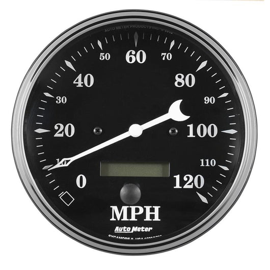 Auto Meter Gauge Speedo. 5in 120mph Elec. Prog. w/ LCD Odo Old Tyme Black - 1789