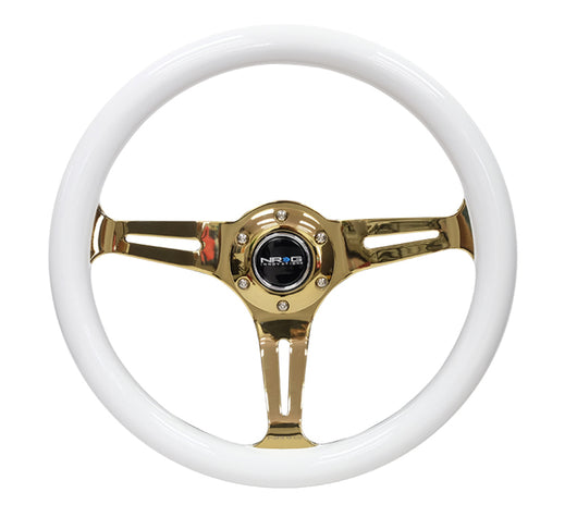 NRG Classic Wood Grain Steering Wheel (350mm) White Grip w/Chrome Gold 3-Spoke Center - ST-015CG-WT