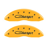 MGP 4 Caliper Covers Engraved Front & Rear 05-10 Dodge Charger R/T Yellow Finish Black Cursive Logo - 12001SCHSYL