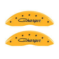 MGP 4 Caliper Covers Engraved Front & Rear 05-10 Dodge Charger R/T Yellow Finish Black Cursive Logo - 12001SCHSYL