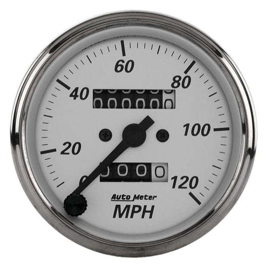Autometer 3-1/8in Silver Bezel/White Face 120mph Mechanical In-Dash Tacho/Speedometer w/ Trip Gauge - 1993
