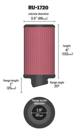 K&N Filter Universal Rubber Round Air Filter 20 Deg Flange Angle 2.25in Flange ID x 3.5in OD x 6in H - RU-1720
