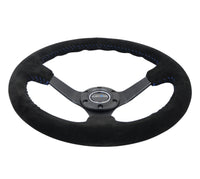 NRG Reinforced Steering Wheel (350mm / 3in. Deep) Blk Suede/Blue BBall Stitch w/5mm Matte Blk Spokes - RST-036MB-S-BL