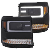 ANZO 16+ Chevy Silverado 1500 Projector Headlights Plank Style Black w/Amber/Sequential Turn Signal - 111375