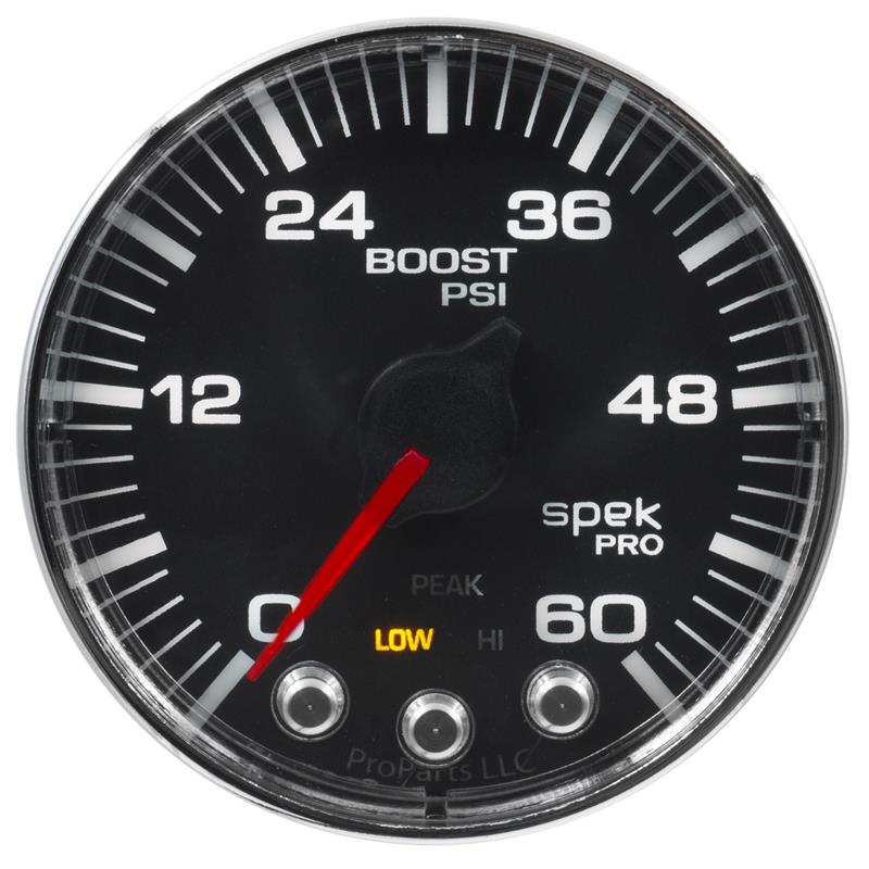 Autometer Spek-Pro Gauge Boost 2 1/16in 60psi Stepper Motor W/Peak & Warn Blk/Chrm - P304318