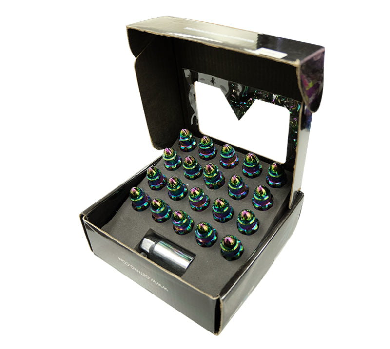 NRG 500 Series M12 X 1.5 Bullet Shape Steel Lug Nut Set - 21 Pc w/Lock Key - Neochrome - LN-LS500MC-21