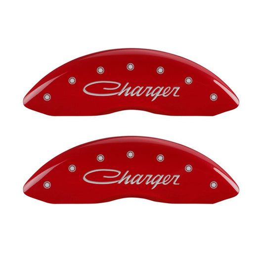 MGP 4 Caliper Covers Engraved Front & Rear Cursive/Charger Red finish silver ch - 12181SCHSRD