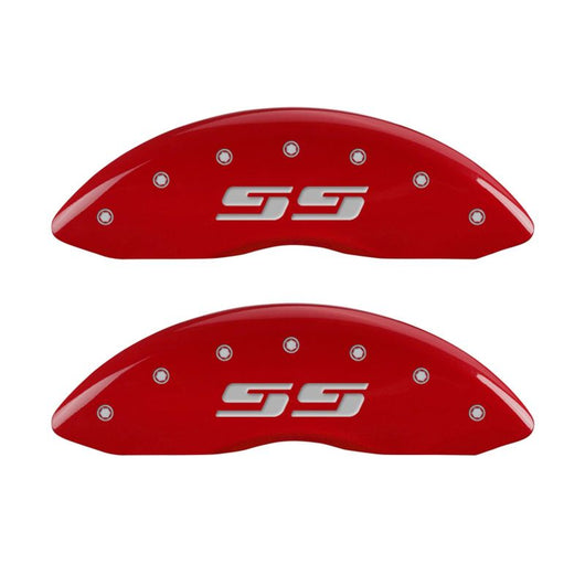 MGP Front set 2 Caliper Covers Engraved Front Silverado style/SS Red finish silver ch - 14238FSS3RD