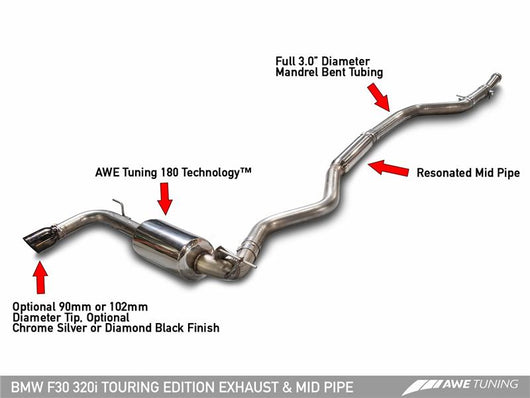 AWE Tuning BMW F30 320i Touring Edition Exhaust & Performance Mid Pipe - Chrome Silver Tip (90mm) - 3015-22042