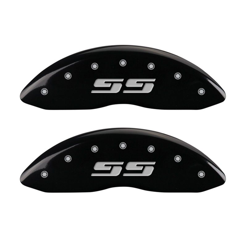 MGP Front set 2 Caliper Covers Engraved Front Silverado style/SS Black finish silver ch - 14238FSS3BK