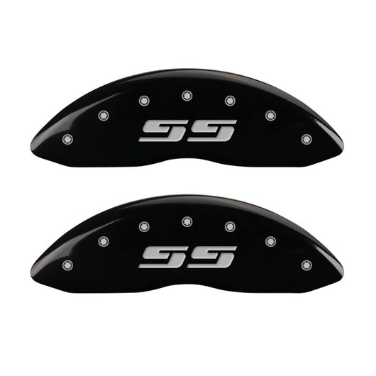 MGP 4 Caliper Covers Engraved Front & Rear Silverado style/SS Black finish silver ch - 14034SSS3BK