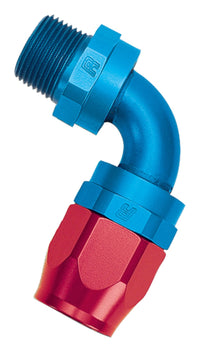 Russell Performance -10 AN Red/Blue 90 Deg Full Flow Swivel Pipe Thread Hose End (With 1/2in NPT) - 612120