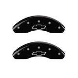 MGP 4 Caliper Covers Engraved Front & Rear Bowtie Black Finish Silver Char 2019 Chevrolet Bolt EV - 14246SBOWBK
