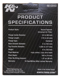 K&N Universal Rubber Filter 3 1/2inch ID FLG / 6inch Base / 4-5/8inch Top / 6inch Height - RE-0950