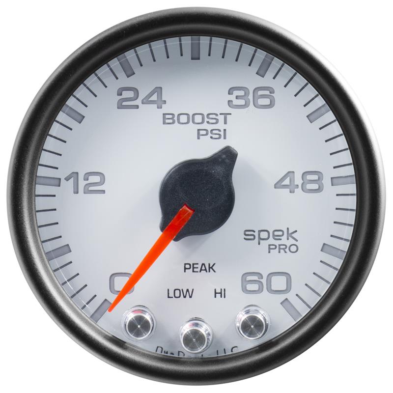 Autometer Spek-Pro Gauge Boost 2 1/16in 60psi Stepper Motor W/Peak & Warn Wht/Blk - P30412