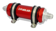 Fuelab 858 In-Line Fuel Filter Long -8AN In/Out 75 Micron Stainless w/Check Valve - Red - 85821-2