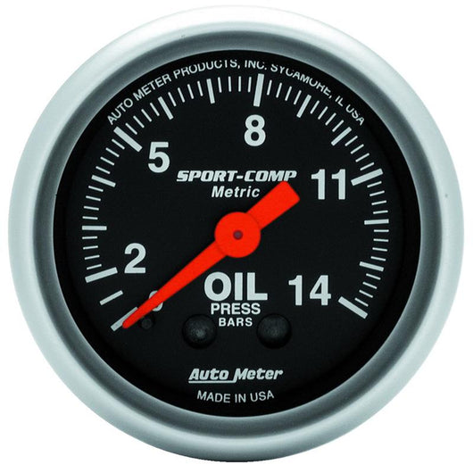 Autometer Sport Comp 52.4 mm Mechanical 0-14 Kg/ Cm2 Oil Pressure Metric Gauge - 3322-J