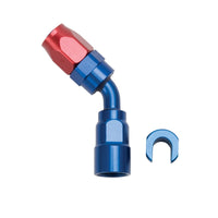 Russell Performance 5/16in SAE Quick Disc Female to -6 Hose Red/Blue 45 Degree Hose End - 611260