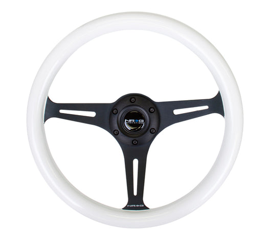 NRG Classic Wood Grain Steering Wheel (350mm) Glow-N-The-Dark Green Grip w/Black 3-Spoke Center - ST-015BK-GL