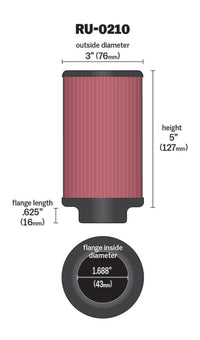 K&N Filter Universal Rubber Filter 1-11/16in FLG / 3in OD / 5in Height - RU-0210