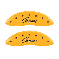 MGP 4 Caliper Covers Engraved Front & Rear Cursive/Camaro Yellow finish black ch - 14033SCCSYL