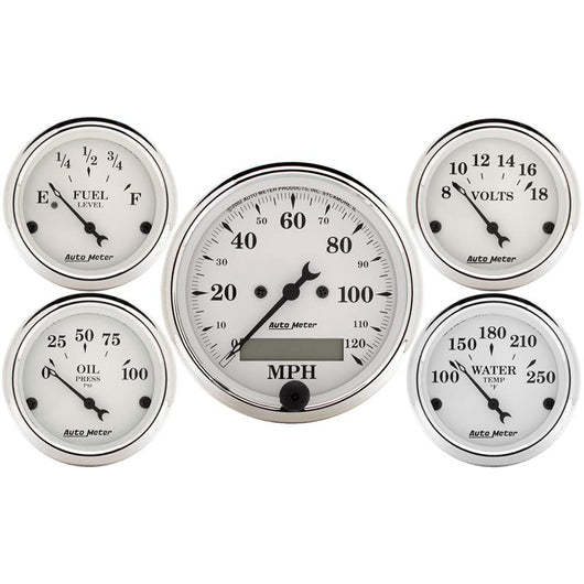 Autometer Old Tyme White 5 Piece Kit (Elec Speed/Elec Oil Press/Water Temp/Volt/Fuel Level) In-Dash - 1602
