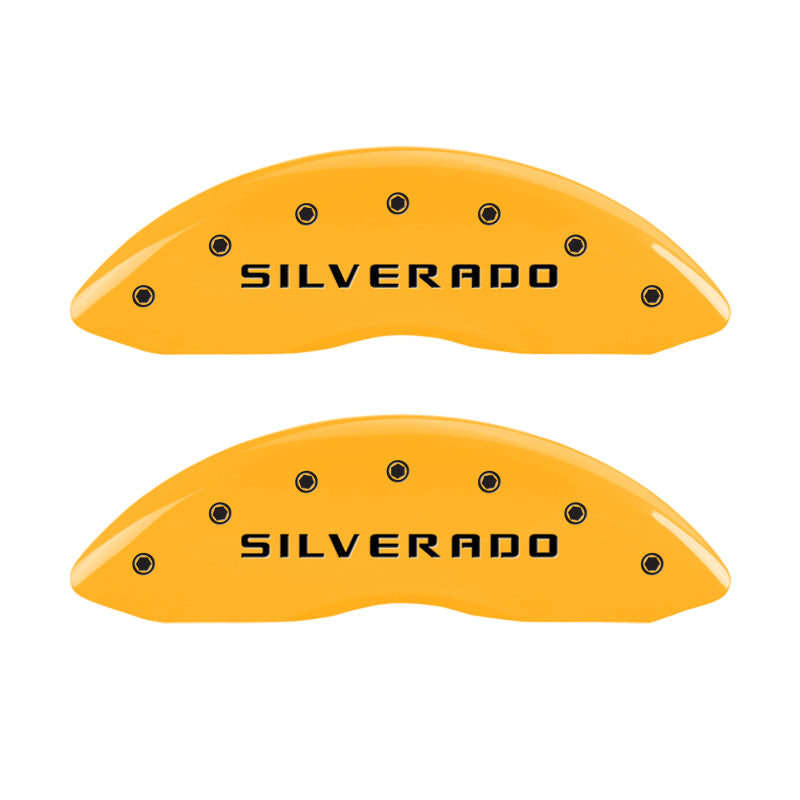 MGP Front set 2 Caliper Covers Engraved Front Silverado Yellow finish black ch - 14207FSILYL