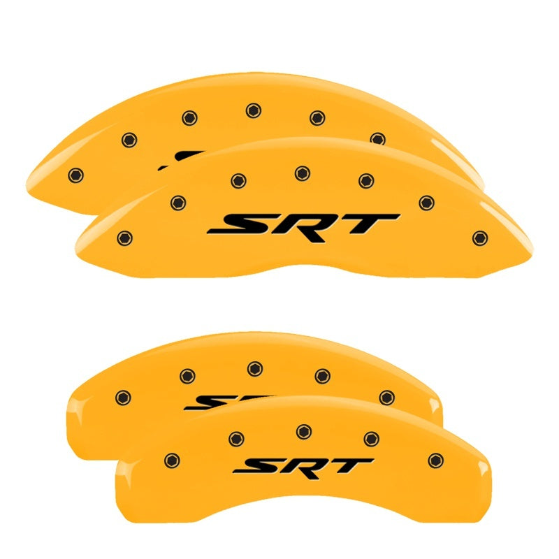 MGP 4 Caliper Covers Engraved Front & Rear 11-18 Jeep Grand Cherokee Yellow Finish Black SRT Logo - 42020SSRTYL