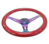 NRG Classic Wood Grain Steering Wheel (350mm) Red Grip w/Neochrome 3-Spoke Center - ST-015MC-RD