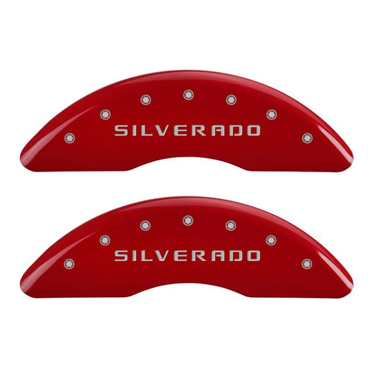 MGP 4 Caliper Covers Engraved Front & Rear Silverado Red finish silver ch - 14173SSILRD