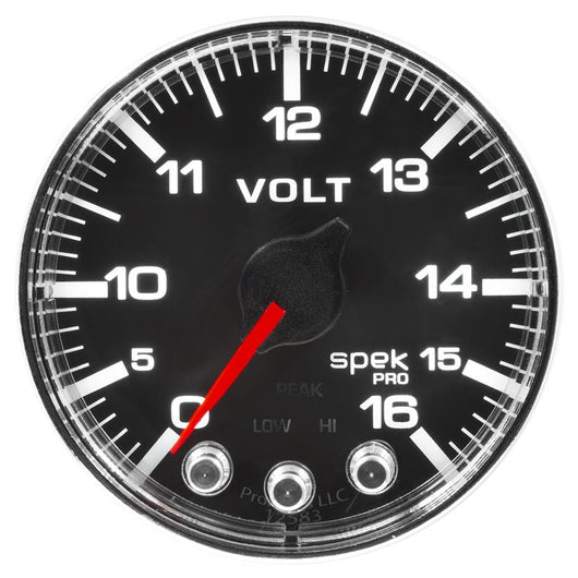 Autometer Spek-Pro Gauge Voltmeter 2 1/16in 16V Stepper Motor W/Peak & Warn Blk/Chrm - P344318